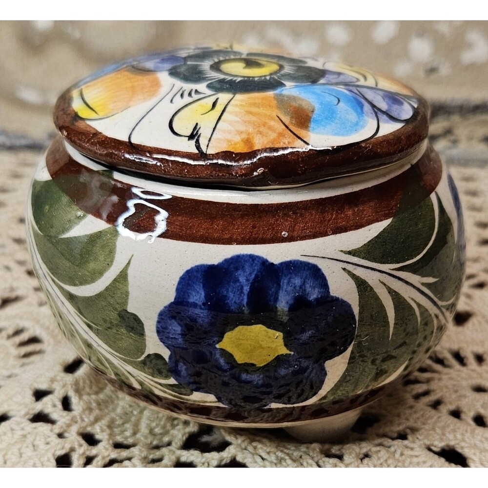 Mexican Tonala Pottery Footed Hand Painted Jar Trinket Bowl & Lid Floral Pattern